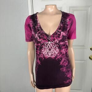 Vintage y2K Affliction Shirt Medium Archaic Cotton Knit Baby Tee Printed D21